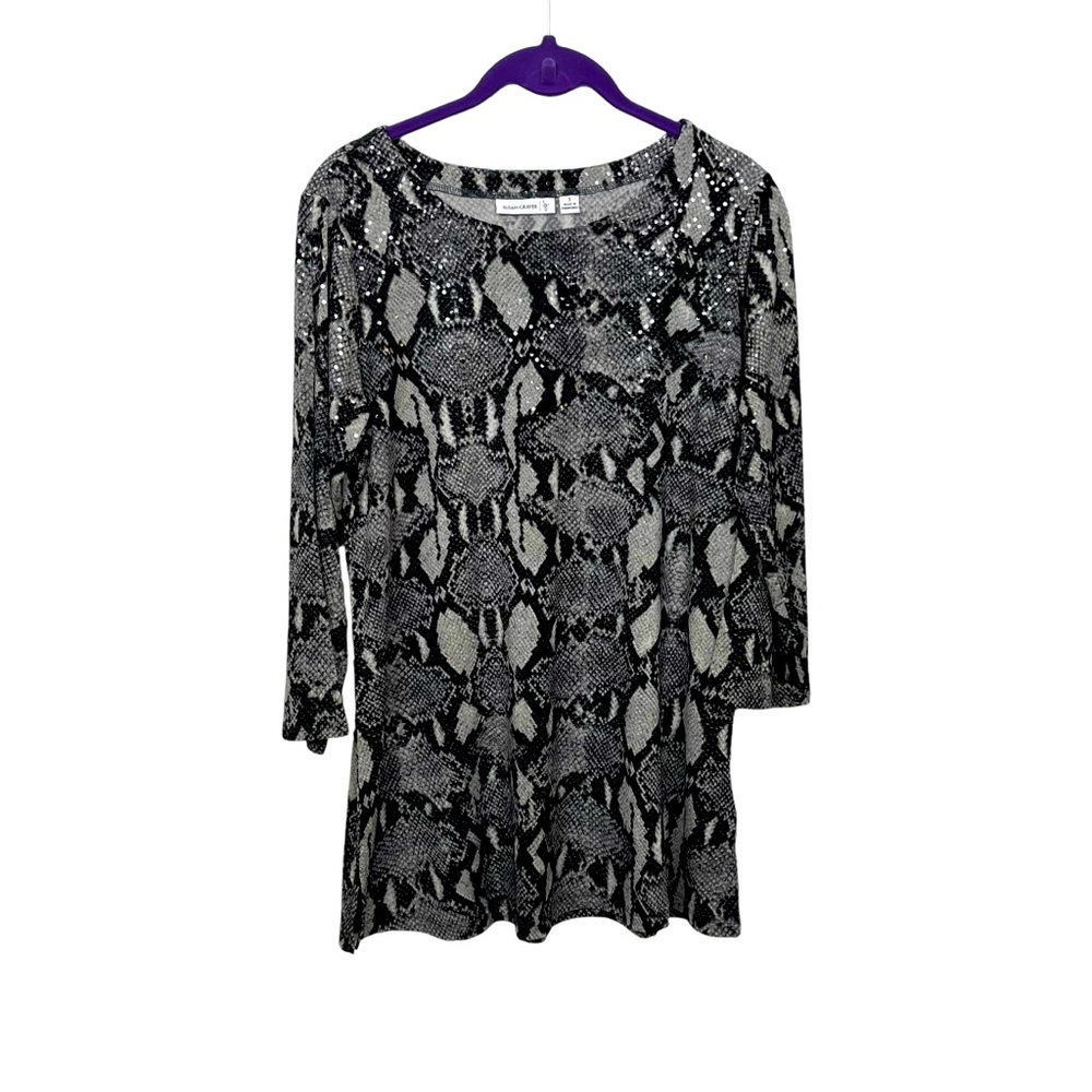 Susan Graver Sequin Python Snake Print Tunic Small Black Gray Grey Crew Neck